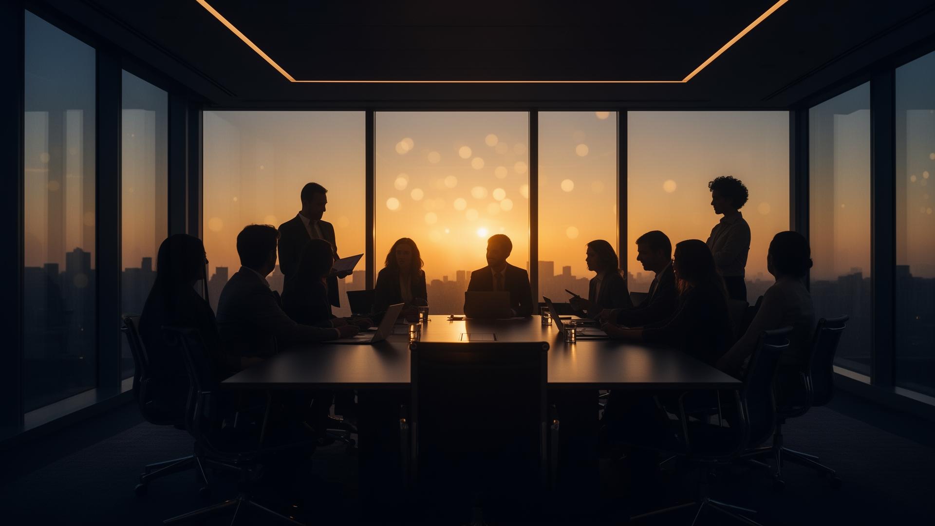 Executive leadership team in a boardroom at dusk